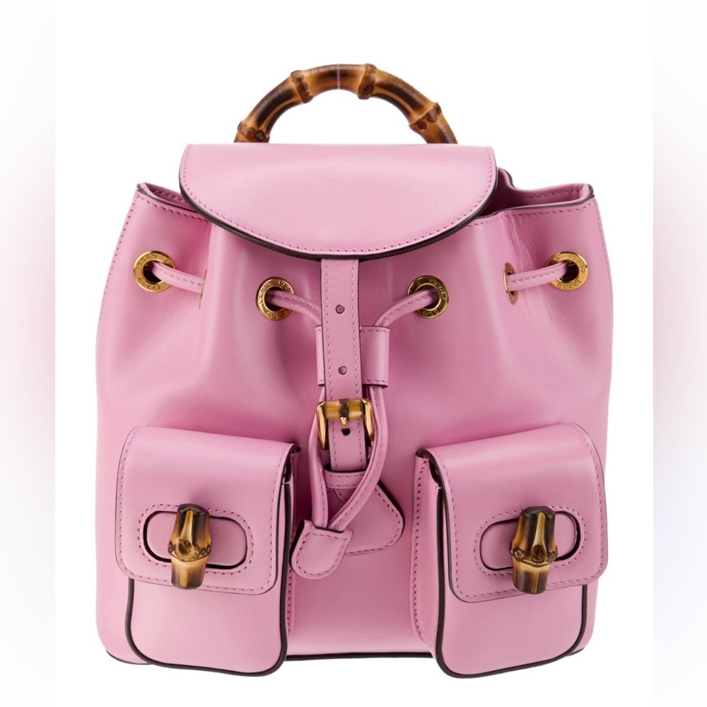 Gucci Bamboo Backpack Daypack Smooth Leather Pink Gold Metal Fittings
